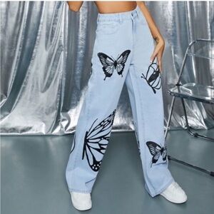 Society Black and Blue Flare Jeans with Artistic Butterfly Design. Boho